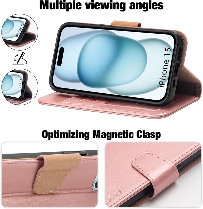 Arae Compatible with iPhone 15 Case with Card Holder and Wrist Strap Wallet Flip Cover for iPhone 15 6.1 inch,Rose Gold - Image 3